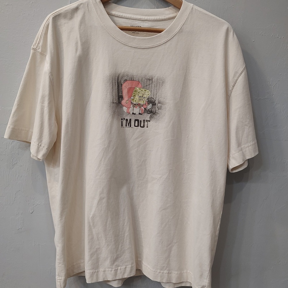 Hollister SpongeBob T Shirt Mens Large Cream Heavyweight Boxy Fit Cotton Graphic